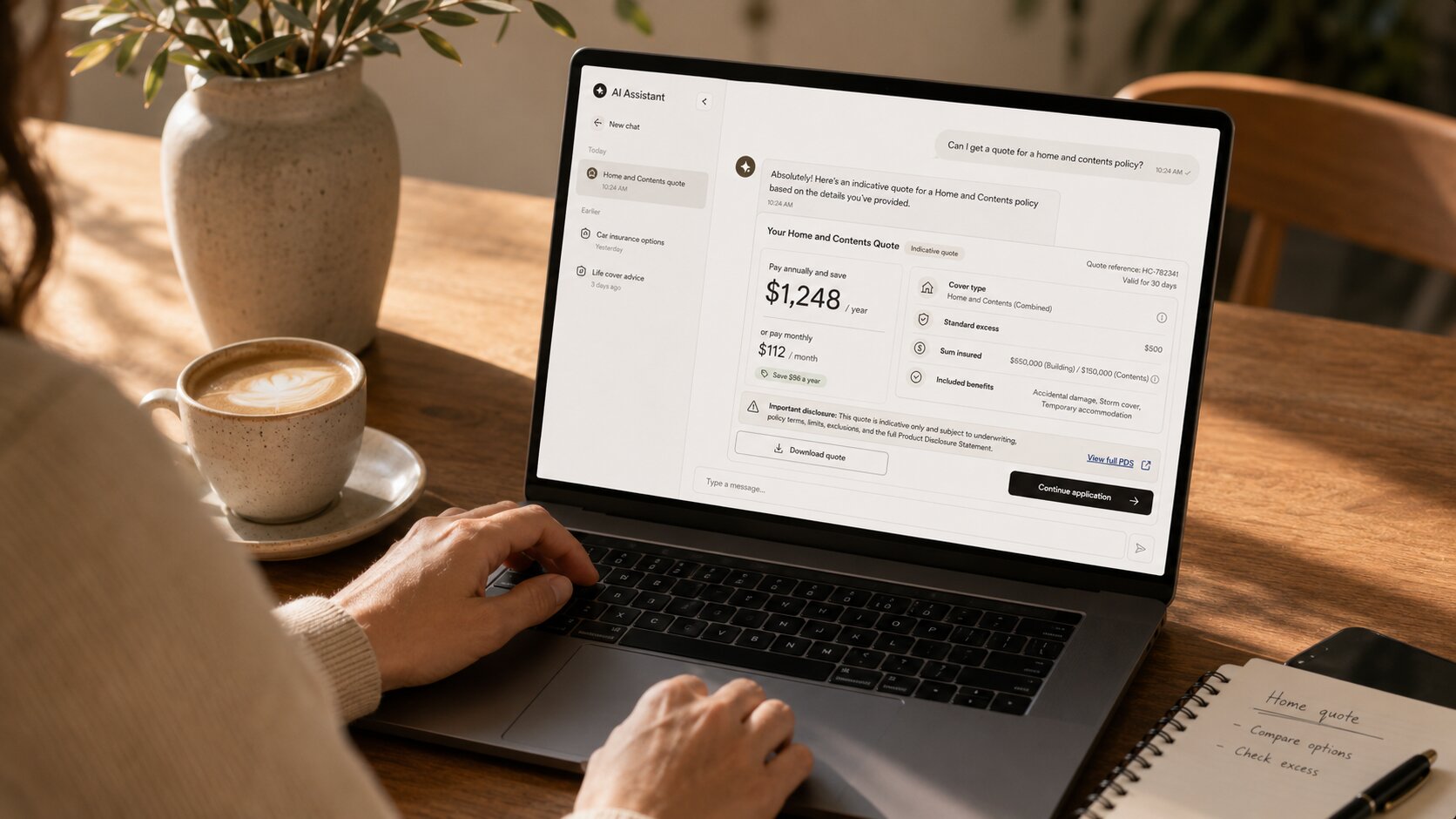 An insurance quote returned inside an AI chat conversation, with price, product summary and disclosure block.