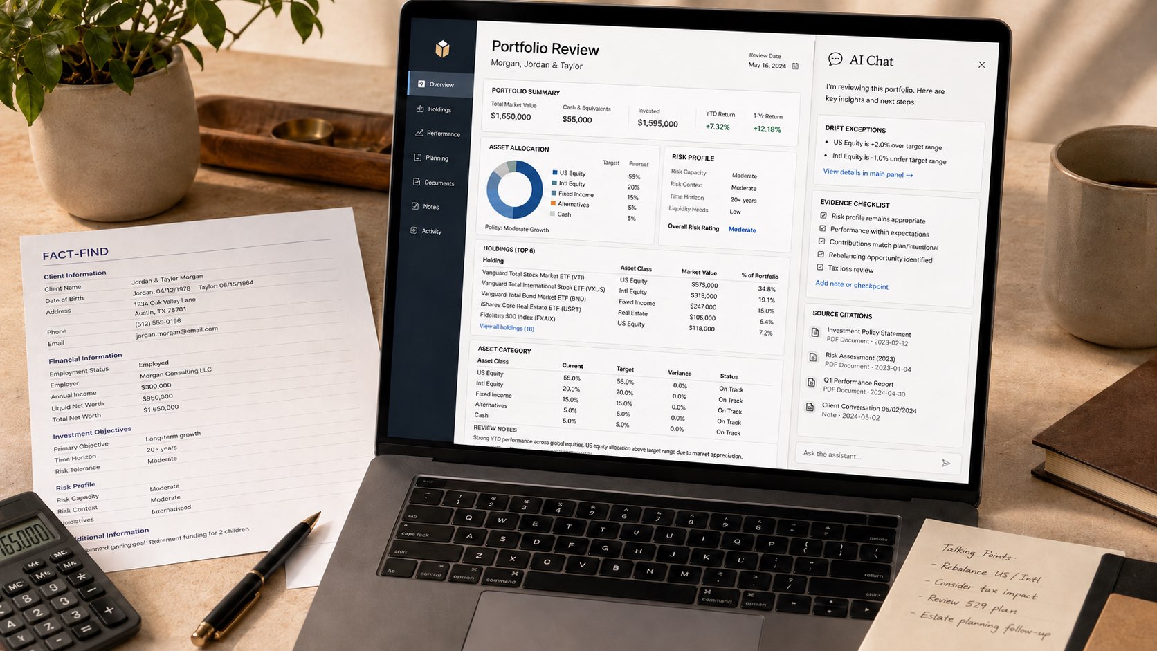 Adviser workstation with a laptop showing a portfolio review alongside an advice file and calculator.
